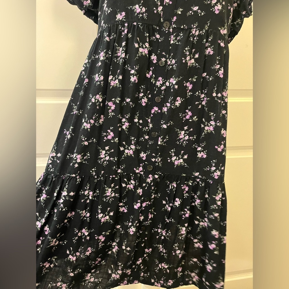 Wild Fable Black Purple Floral Sweetheart Peasant Puff Sleeve Babydoll Dress MED - Picture 9 of 12